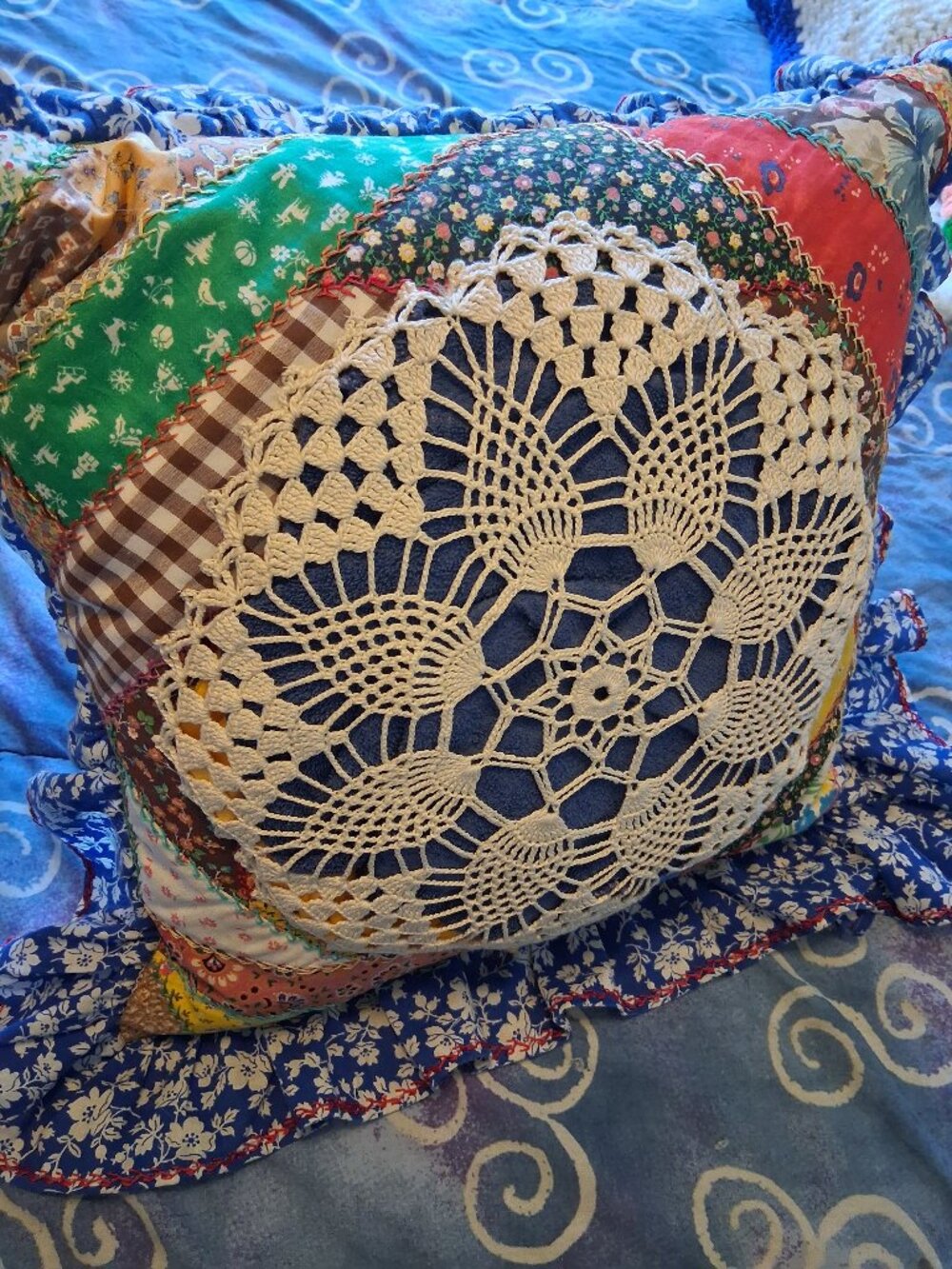 Handcrafted Blue Patchwork Accent Pillow with Crochet Doily